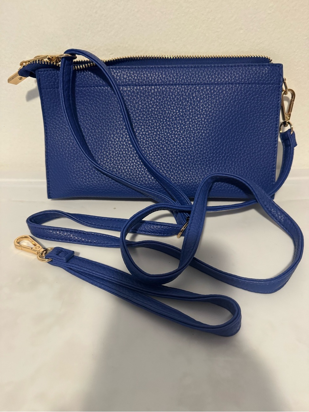 Blue Crossbody Wristlet Bag - Classic Pebbled Leather Look